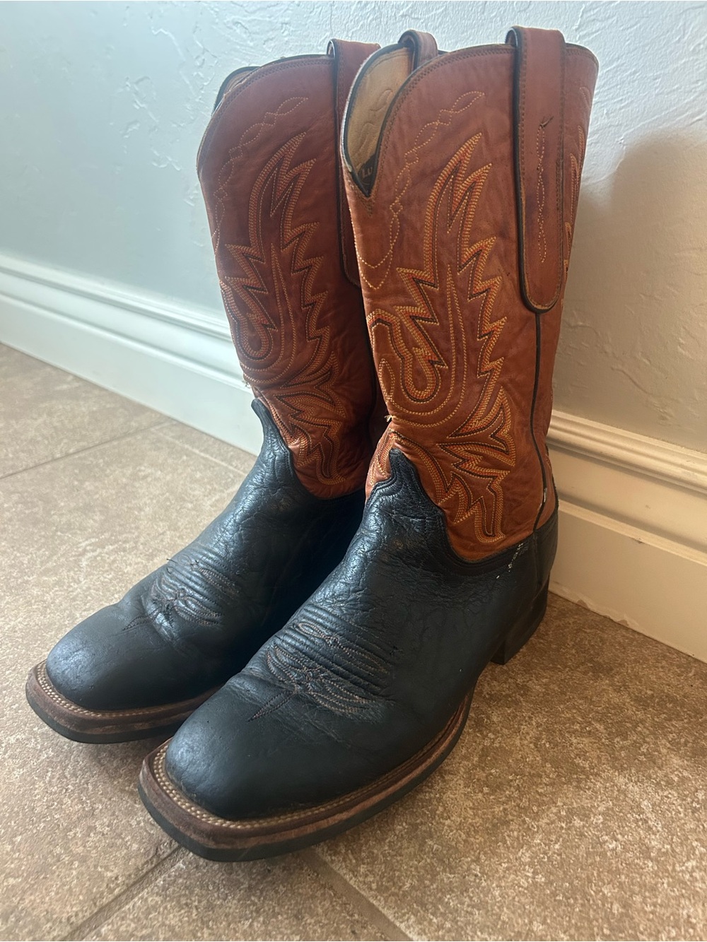 Lucchese Two-Tone Black Foot Brown Shaft Western Cowboy Boots